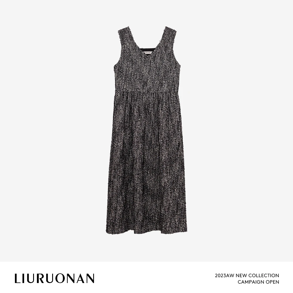 LIURUONAN 24AW 黑白亮片宽肩背带裙女无袖V领中长款连衣裙新款