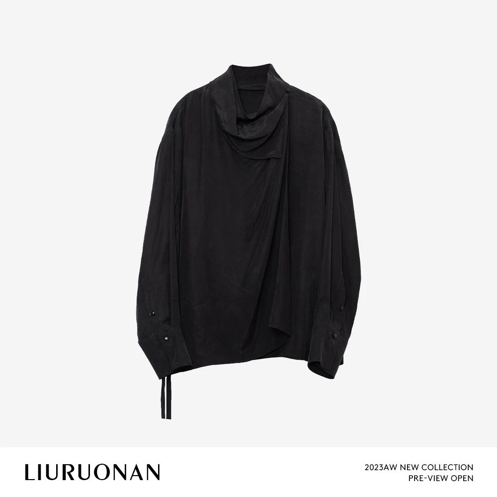 LIURUONAN 24AW 莱赛尔+人丝重工设计感荡领衬衣黑色显瘦小众衬衫