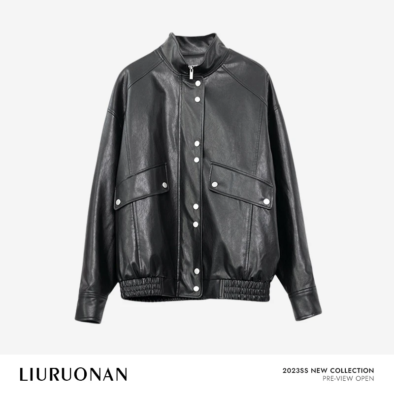 LIURUONAN 23SS 美式复古皮衣外套黑色短款立领春秋款宽松皮夹克