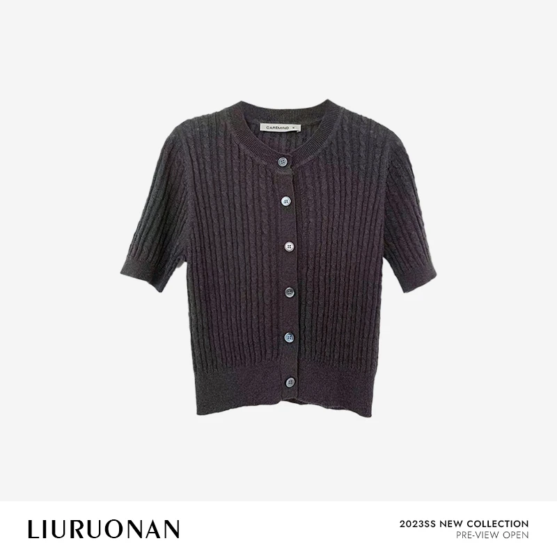 LIURUONAN 23SS 苎麻针织单排扣开衫夏季新款高级感短袖上衣T恤女