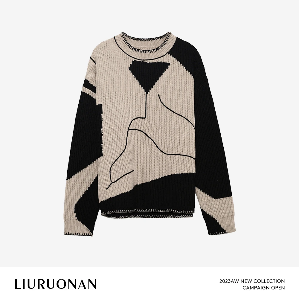 LIURUONAN 24AW 【毕加索】艺术几何线迹竖条毛衣秋冬新款圆领上衣