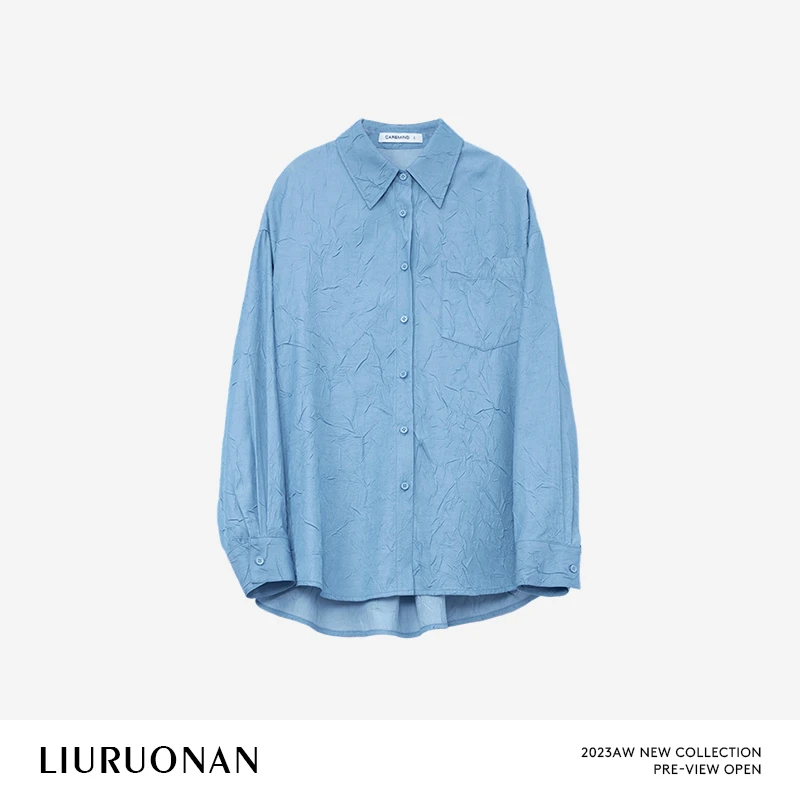 LIURUONAN 23AW 纸皱感衬衫女俩色初秋新款显瘦长袖承衬衣