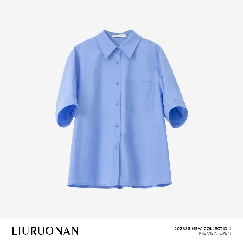 LIURUONAN 23SS  蓝色短袖衬衫女夏季设计感小众通勤POLO领衬衣
