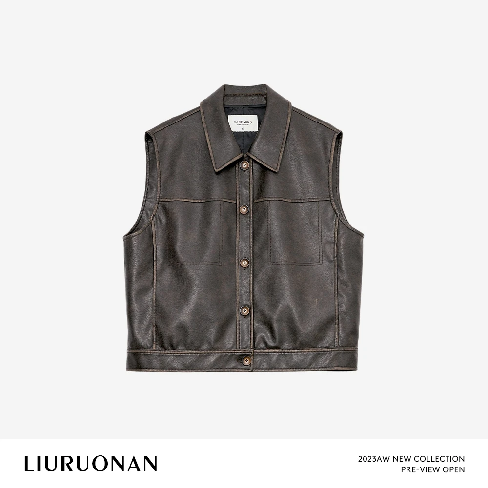 LIURUONAN 23AW 【神奇马甲】外搭polo翻领设计感皮衣马夹无袖外套