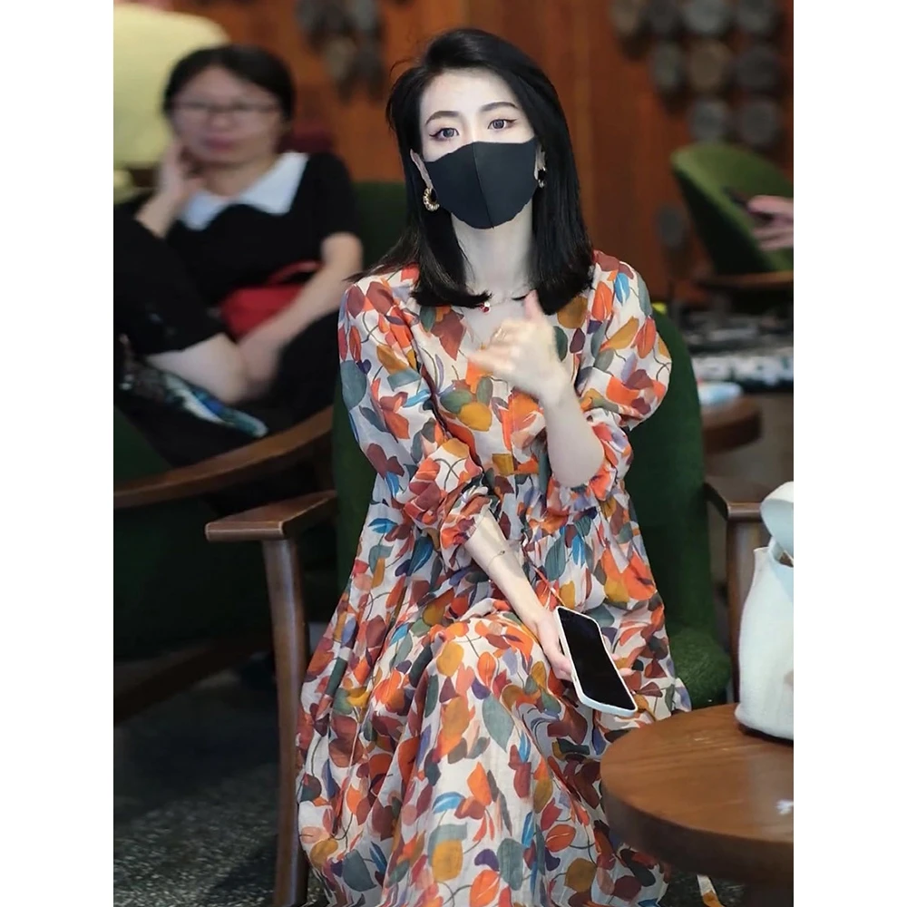 女装连衣裙女长袖2024春夏新款法式高端气质收腰显瘦裙子中长款