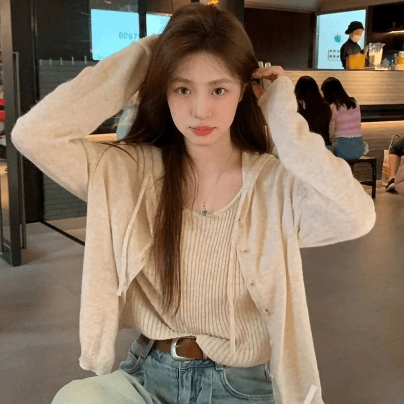 假两件连帽针织开衫女2024新款早初秋装慵懒风短款上衣设计感小众