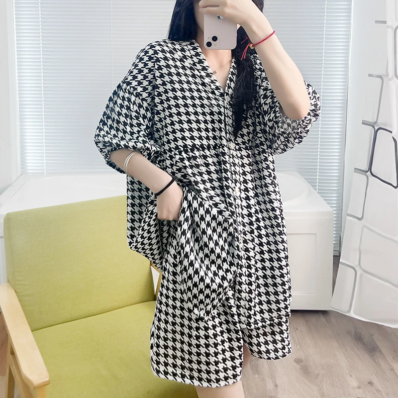 棉绸休闲睡衣女士春夏季V领开衫灯笼袖可外穿宽松家居服绵绸套装