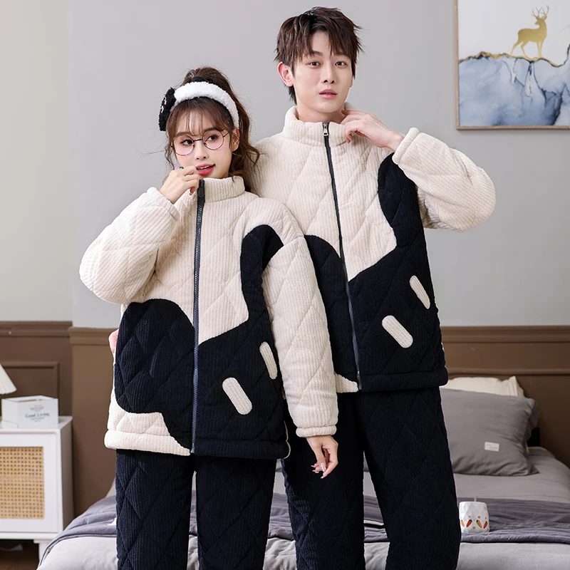 【0170】秋冬季法兰绒睡衣拼色立领拉链三层夹棉加厚情侣家居服套装