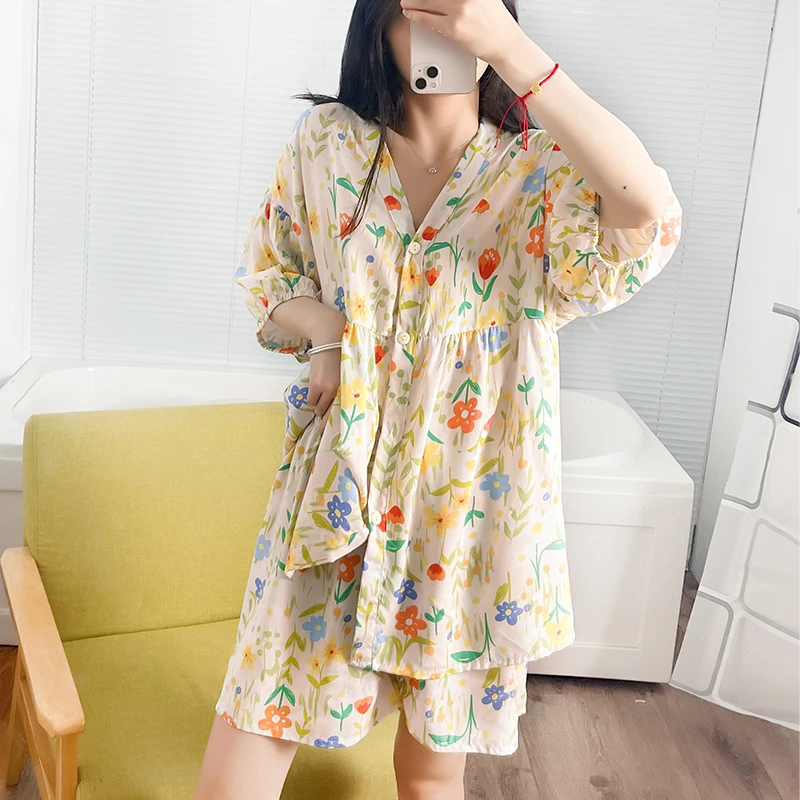 {清仓版}棉绸睡衣睡衣女套装大码宽松V领人棉家居服女可外穿