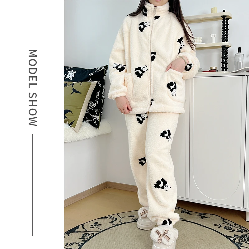 睡衣女冬季加绒加厚保暖半边绒简约休闲大码女士时尚家居服