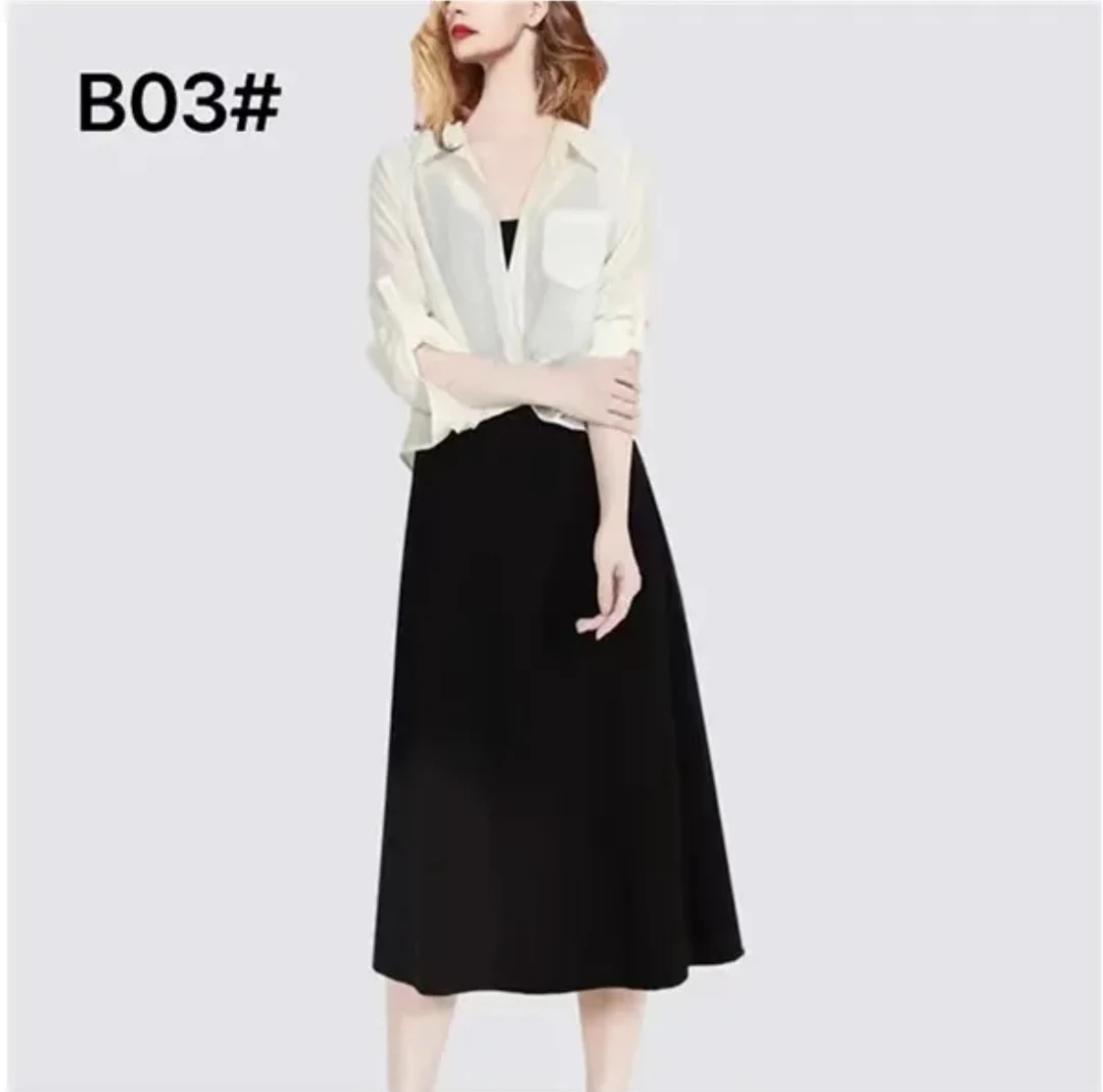 B03#早秋新品衬衫款显瘦简约纯色两件套连衣裙