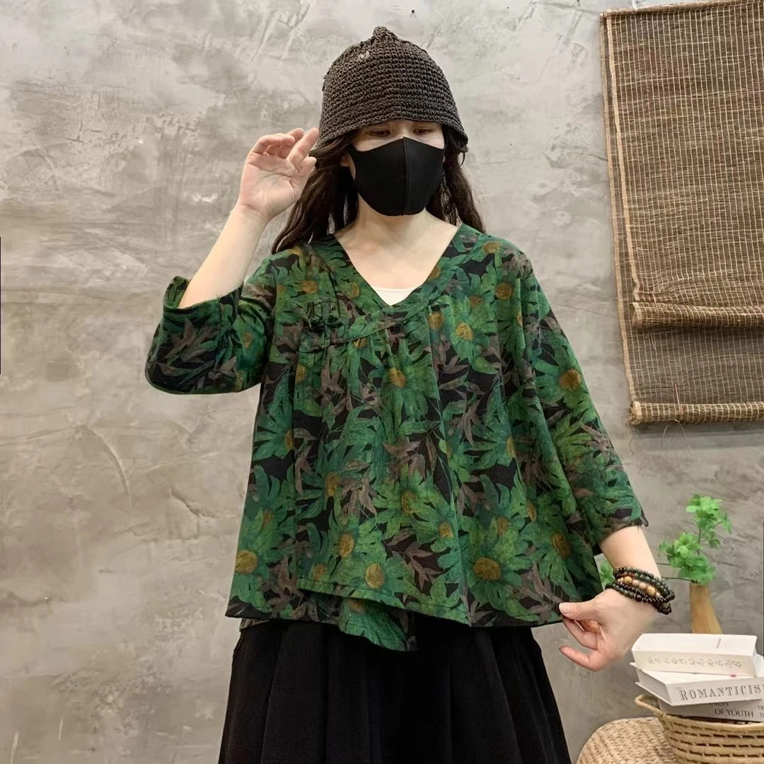 新款棉麻碎花休闲百搭小衫复古套头低领七分袖宽松显瘦印花上衣