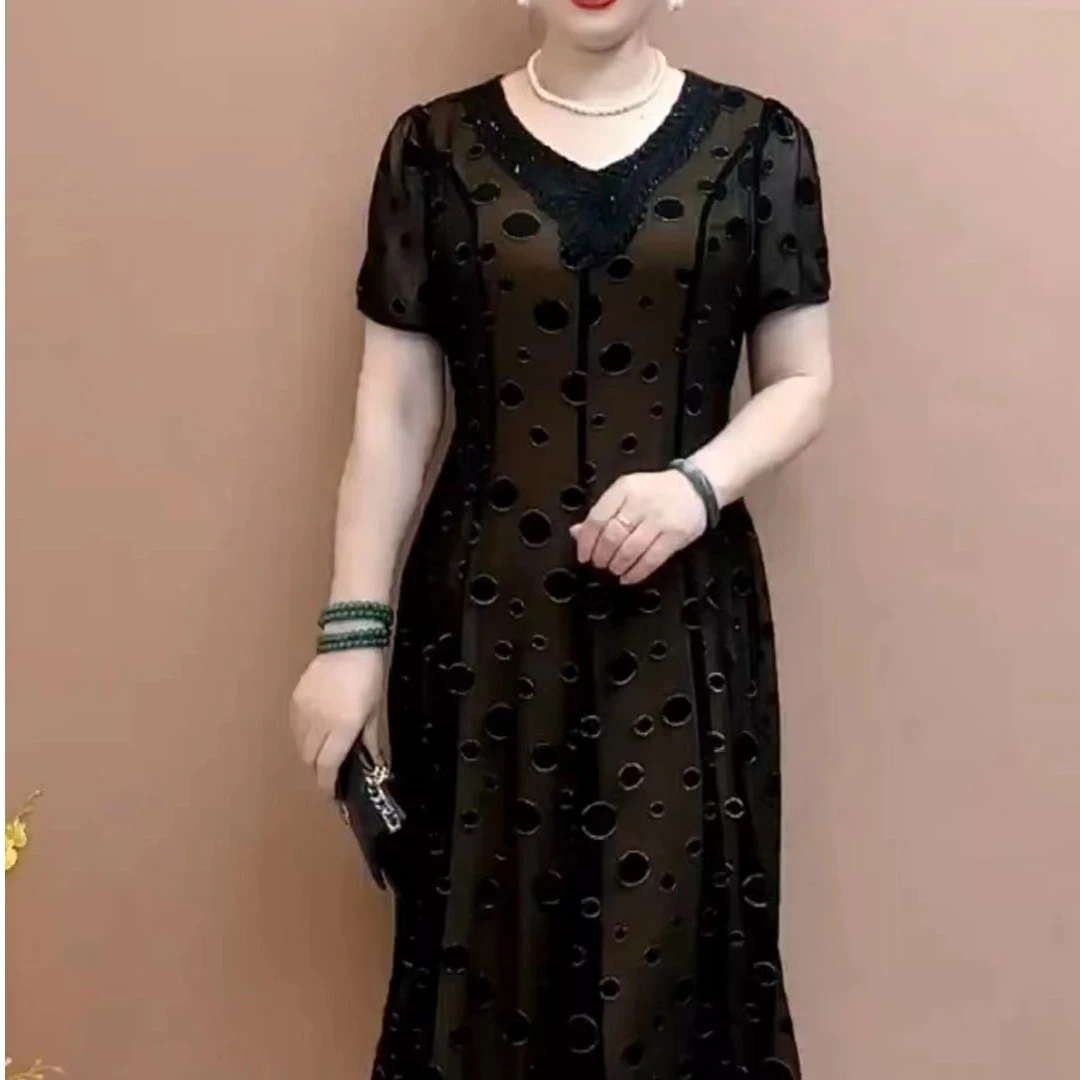 母亲节高档连衣裙气质洋气夏季大码百搭遮肚收腰中长款连衣裙