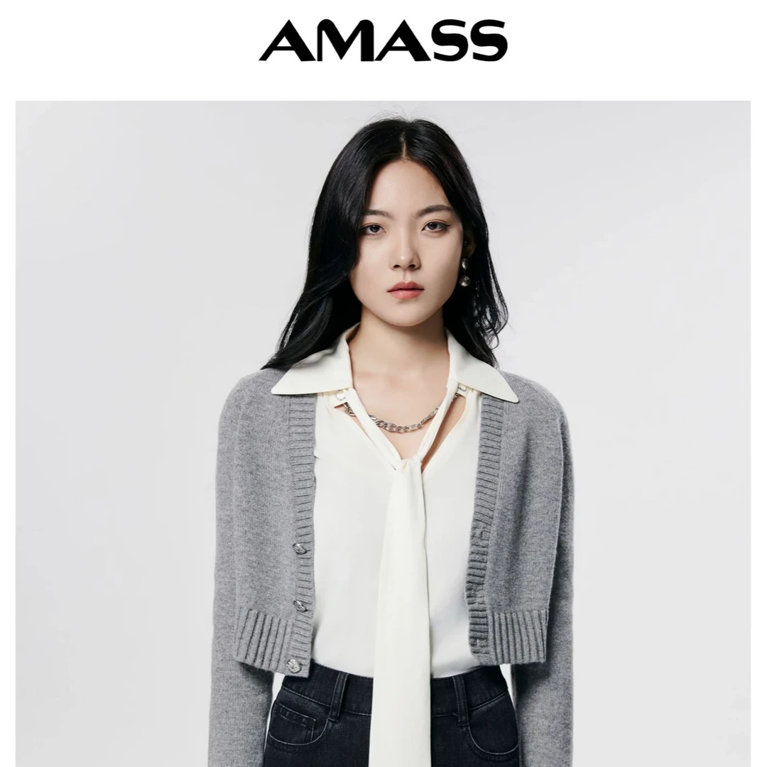 AMASS/阿玛施气质修身长袖短款V领纯羊绒针织开衫女士5499199