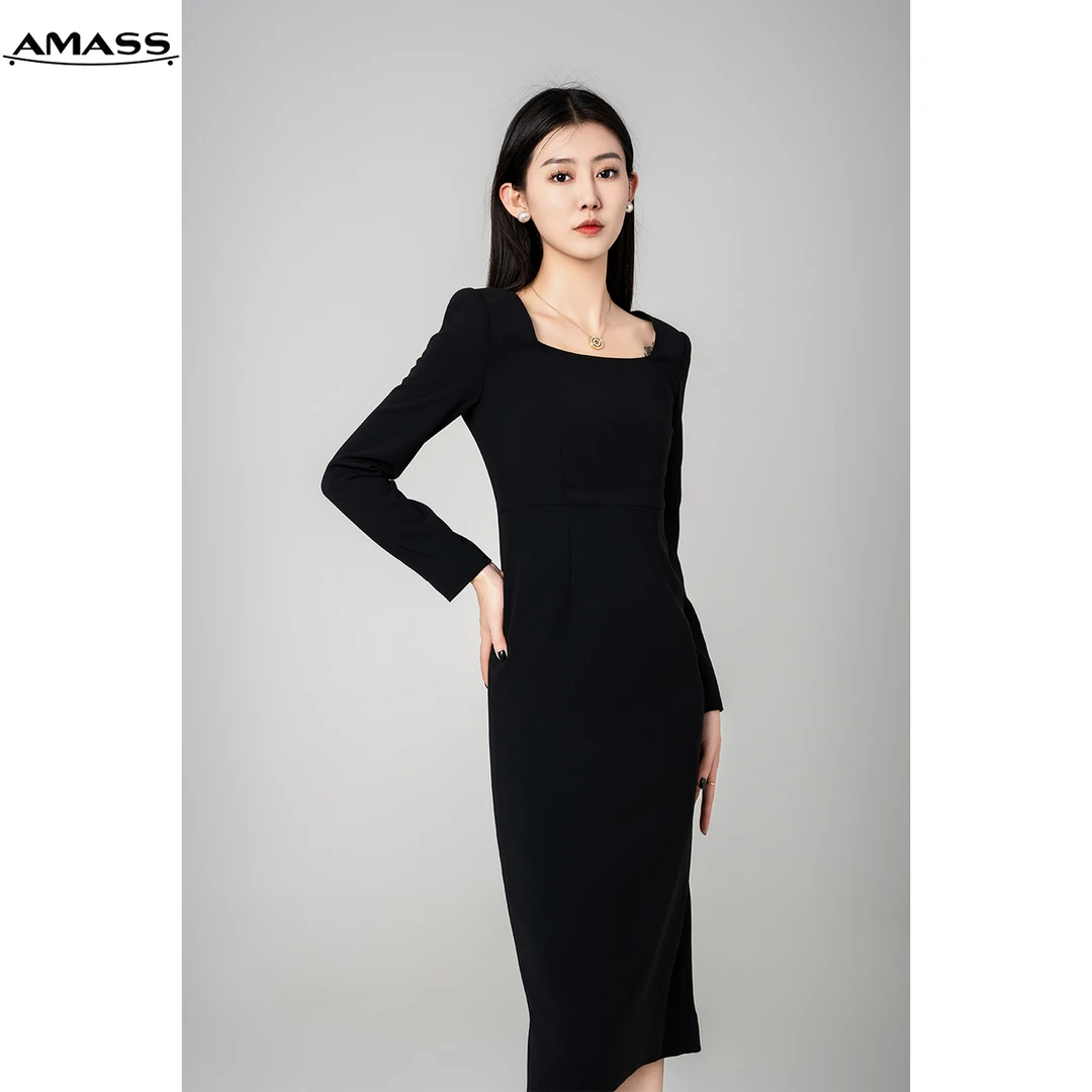 AMASS/阿玛施简约显瘦长袖气质修身长款女连衣裙5500506