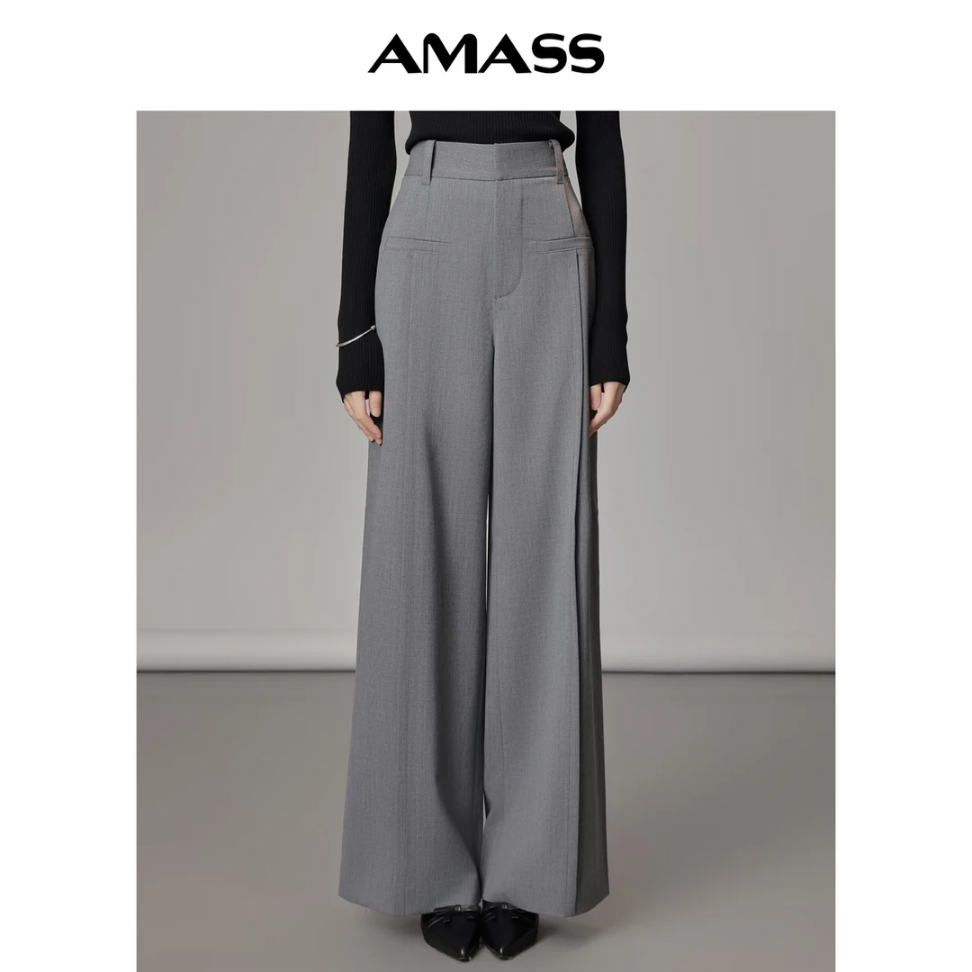 AMASS/阿玛施秋冬宽松绵羊毛简约高腰直筒裤5100375