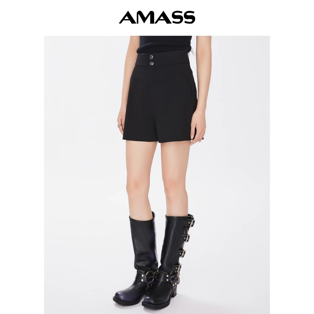 AMASS/阿玛施经典气质百搭黑色两粒扣时髦简约中高腰短裤5100427