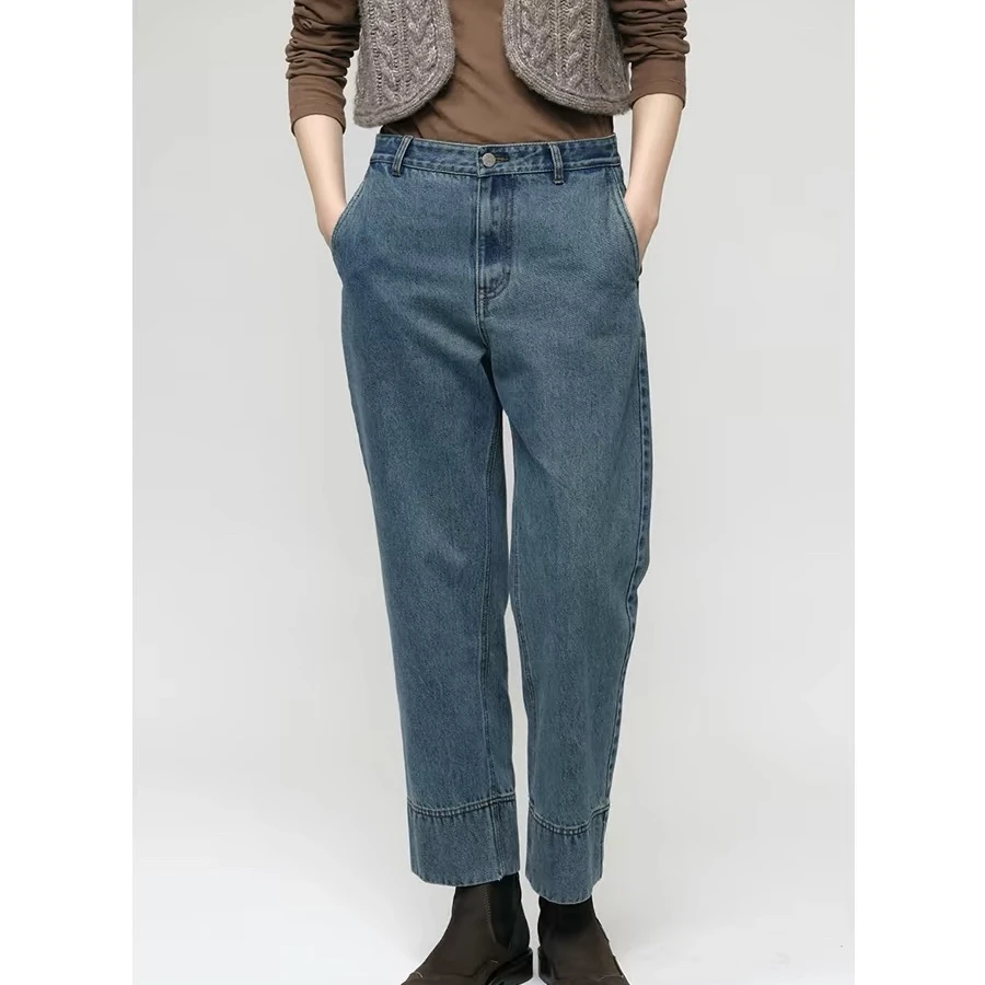 YOEYYOU简约九分牛仔裤女24秋冬新品设计师款复古水洗直筒休闲裤