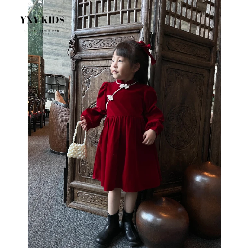 【好运连连】拜年服女童连衣裙复古红色国风旗袍小女孩加绒裙子