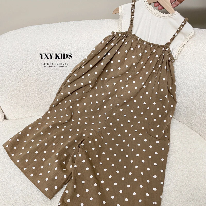 现货【夏日抹茶】女童连体裤背带裤2024夏季新款波点宝宝阔腿裤潮