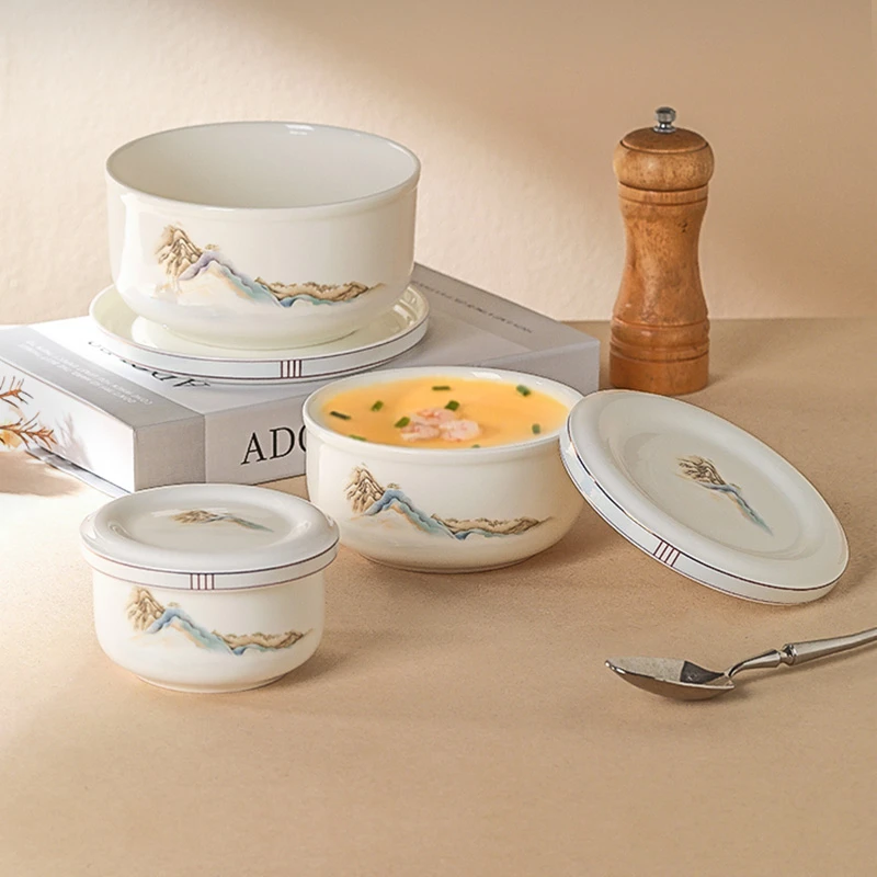 【洛威】江山如画蒸蛋碗带盖家用陶瓷带盖