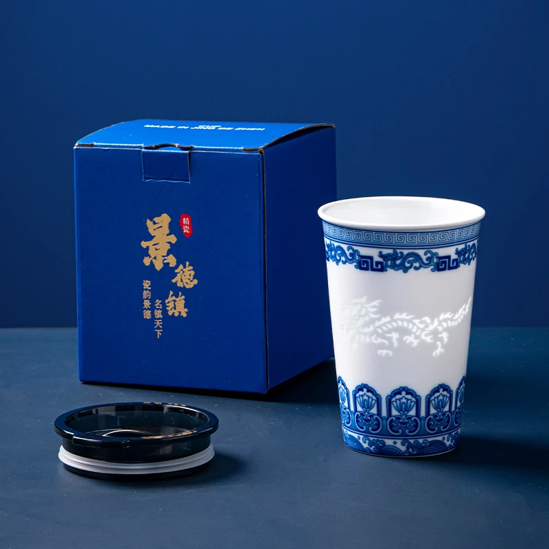 景德镇洛威陶瓷青花2025新款马克杯家用大容量手工玲珑办公室茶杯