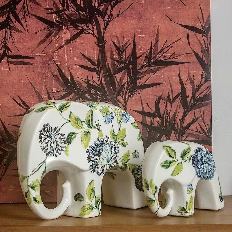 【洛威】客厅装饰蓝色花朵纹大象一对摆件