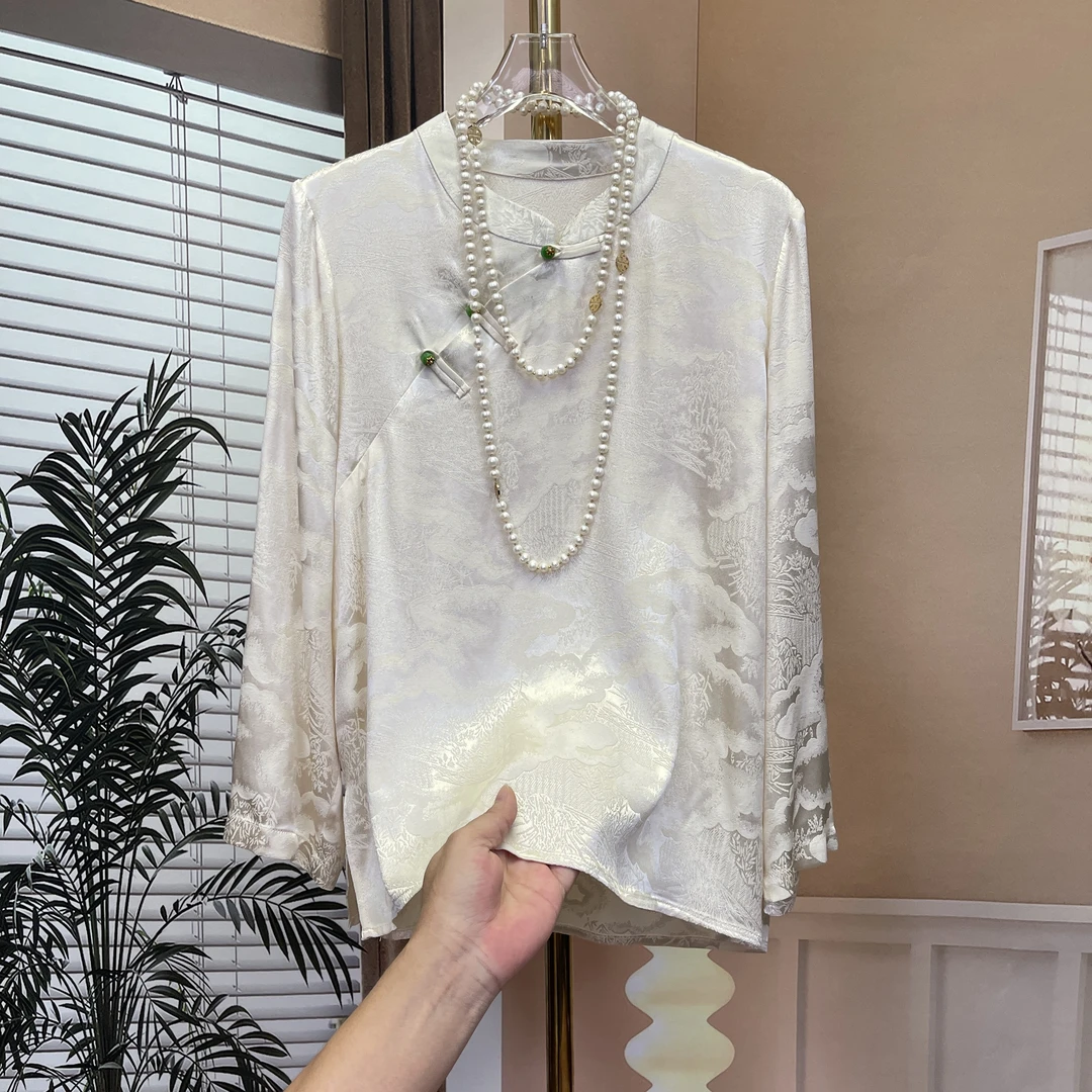 《依家出品》新中式国风高端气质百搭时尚斜襟玉石扣提花长袖衬衫