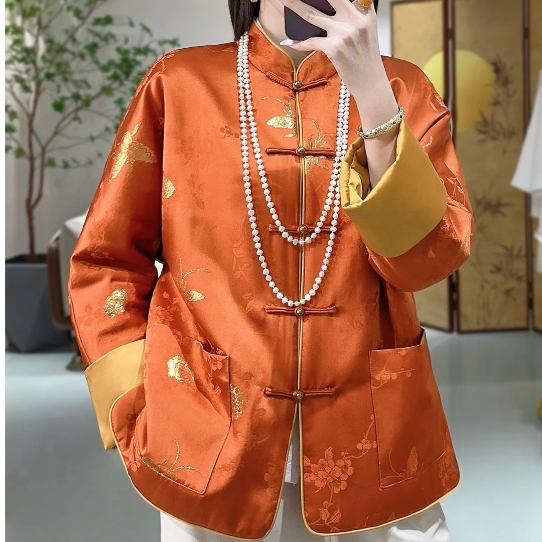 《依家推荐》冬装气质中式立领百搭桑蚕丝金色蝴蝶提花宽松棉服