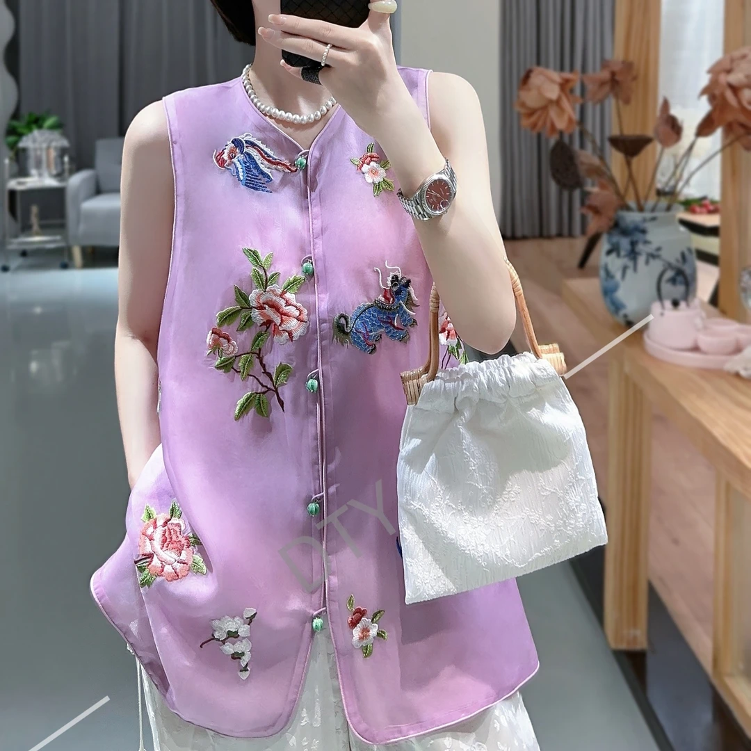 《英家推荐》原创气质宽松中式国风麒麟欧根纱绣花马甲