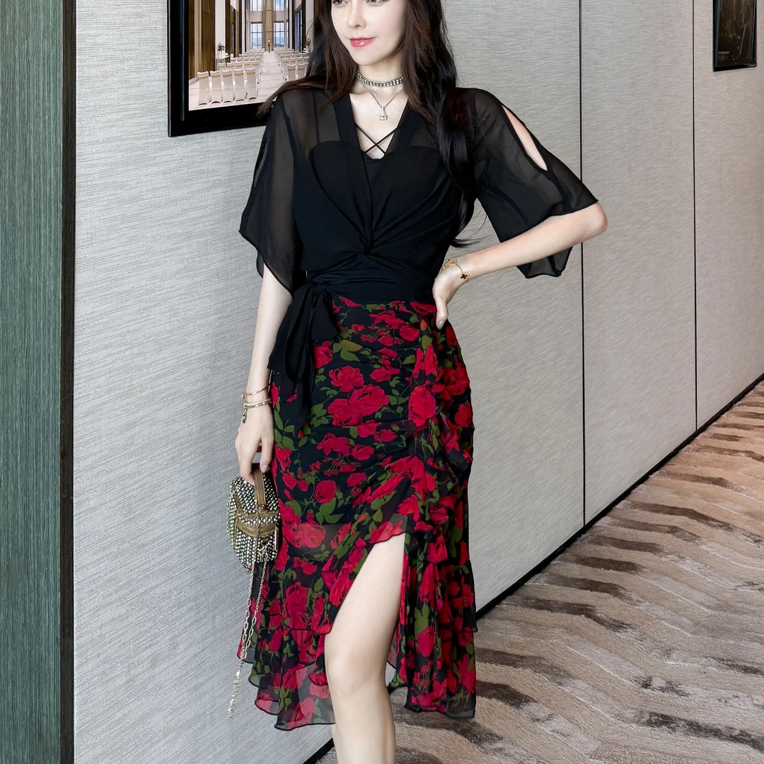 【倾城玫瑰】荷叶边开叉气质高腰设计感玫瑰显瘦半身裙CQ-2507