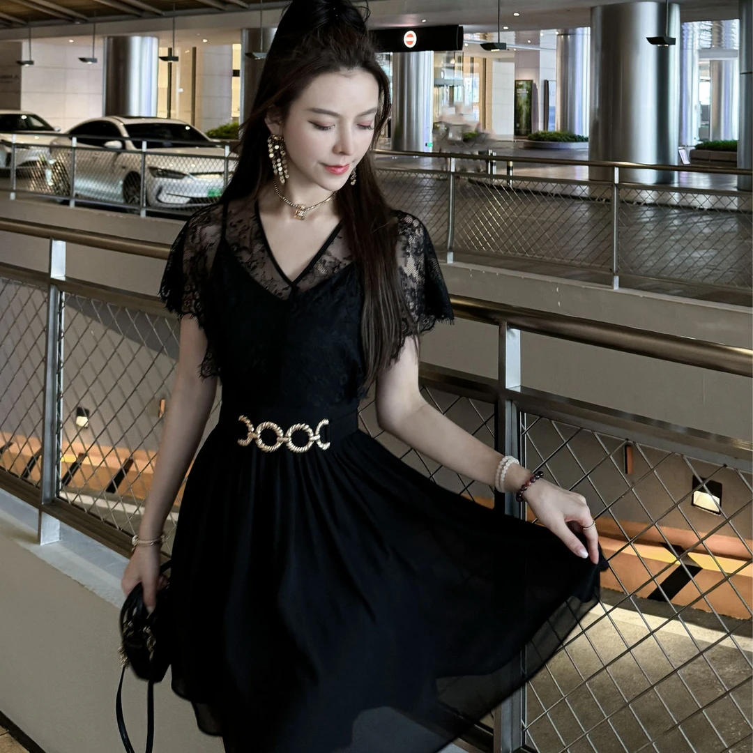 【夜幕巴黎】黑色夏季显瘦气质收腰法式蕾丝拼接女装连衣裙LYQ-2387