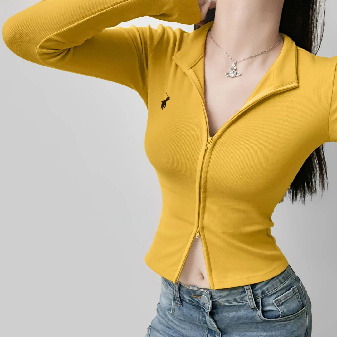 秋冬季磨毛新款复古风纯色双拉链立领刺绣T恤女修身显瘦长袖开衫