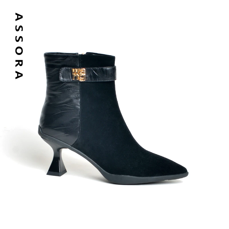 【ASSORA】6cm尖头气质高跟短靴女2024新款秋冬百搭羊皮细跟靴子