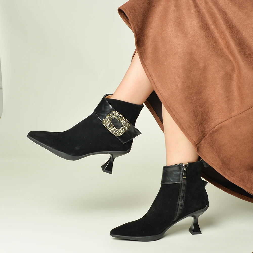 美拉德羊皮 水钻尖头气质高跟真皮短靴女咖色粗跟瘦瘦靴子女