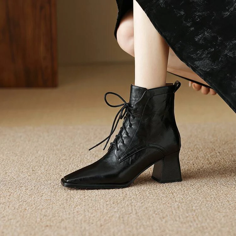 7厘米/手抓纹羊皮/英伦风复古马丁靴子女黑色棕色方头粗跟瘦瘦靴