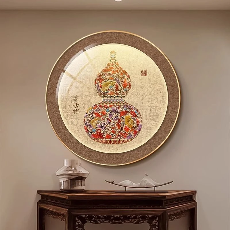福禄葫芦圆形挂画新中式正对门客厅玄关装饰画好寓意酒店餐厅壁画