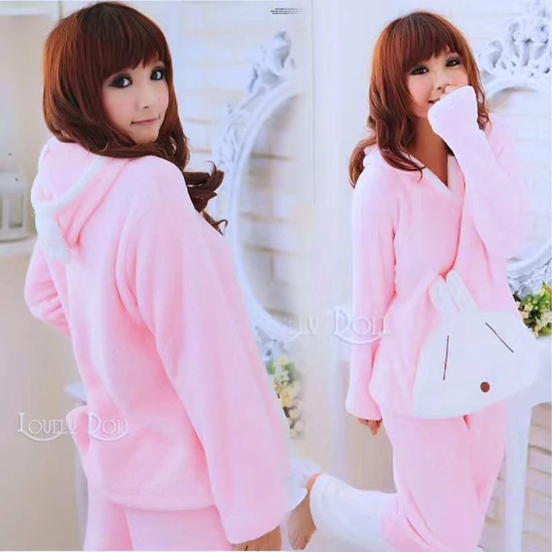 女士可爱加厚法兰绒珊瑚绒套装家居服秋冬长袖套装连帽睡衣加绒