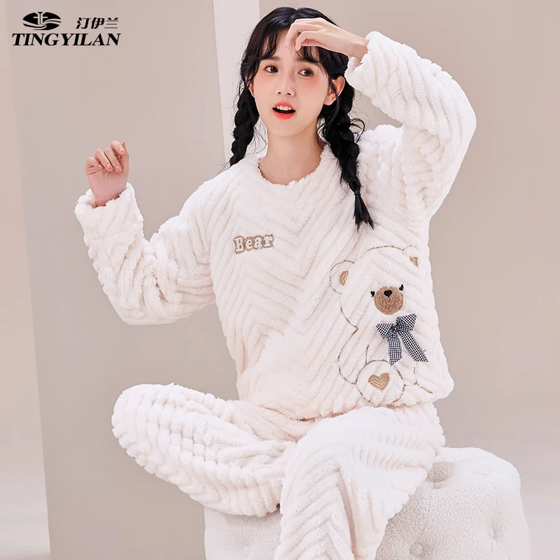 爆款居家睡衣女秋冬套头珊瑚绒新款加厚加绒冬款可外穿家居服套装