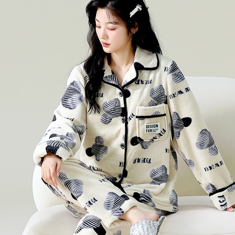 睡衣女秋冬季加厚套装家居服保暖长袖春秋新款珊瑚绒法兰绒可外穿
