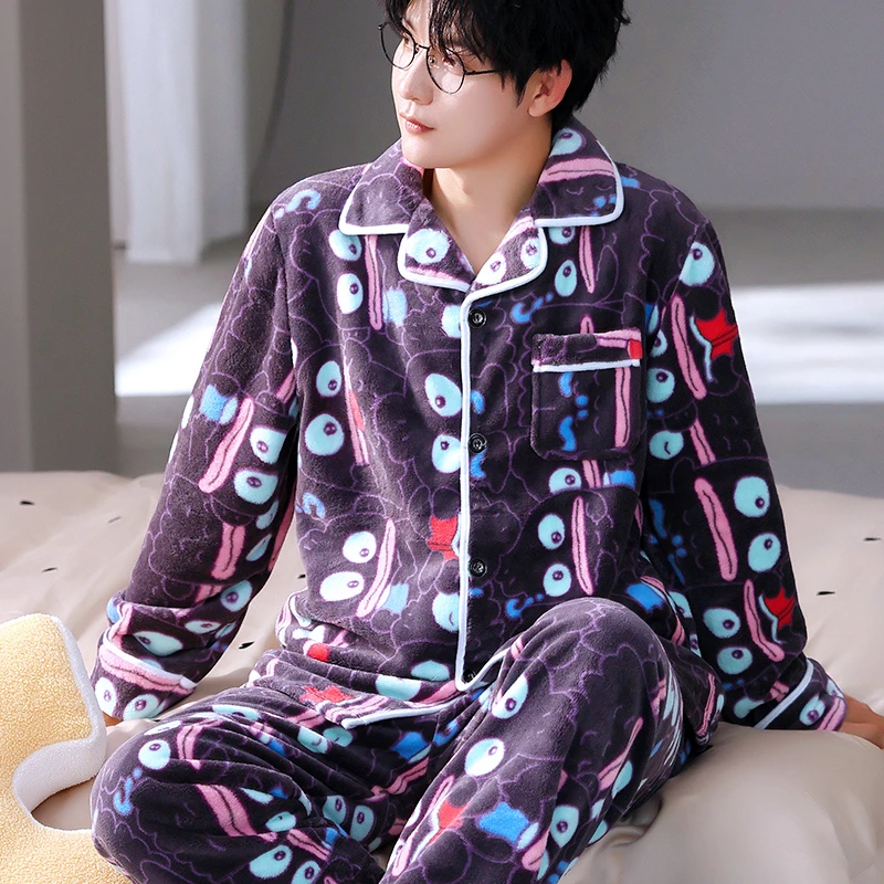 睡衣男秋冬季加厚珊瑚绒套装可外穿家居服保暖长袖春秋大码法兰绒