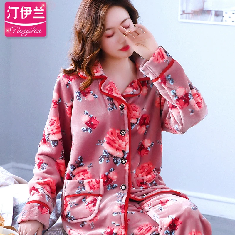 家居服冬季妈妈睡衣女秋冬居家老年人套装珊瑚绒法兰绒加厚加绒