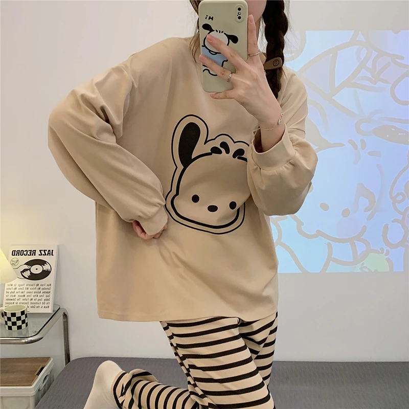 睡衣女春秋款长袖长裤宽松条纹卡通夏天女士韩版可外穿家居服套装