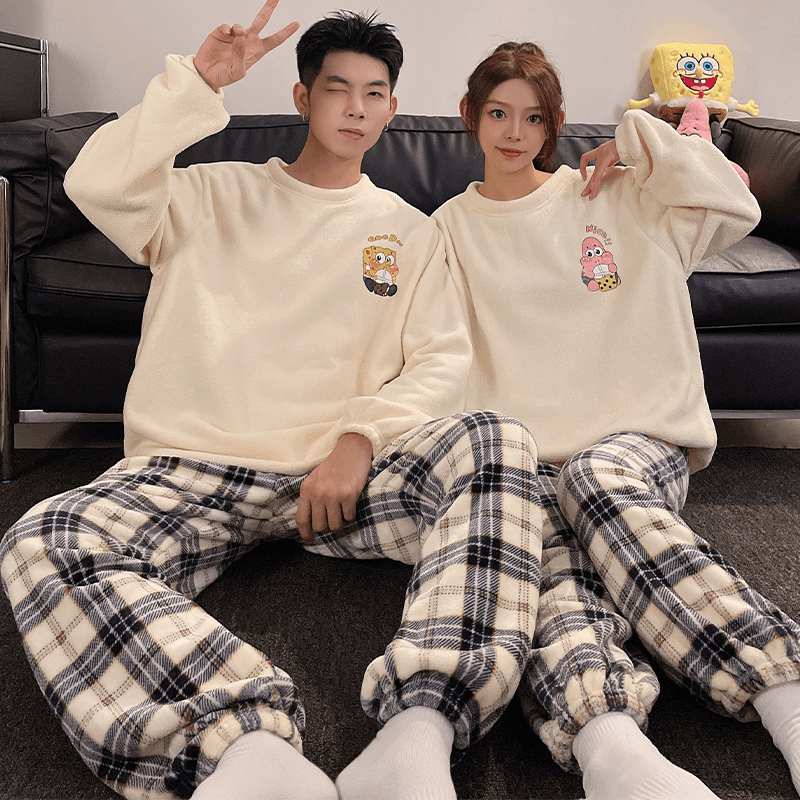 珊瑚绒情侣睡衣女春秋冬季长袖法兰绒加厚加绒保暖卡通家居服套装