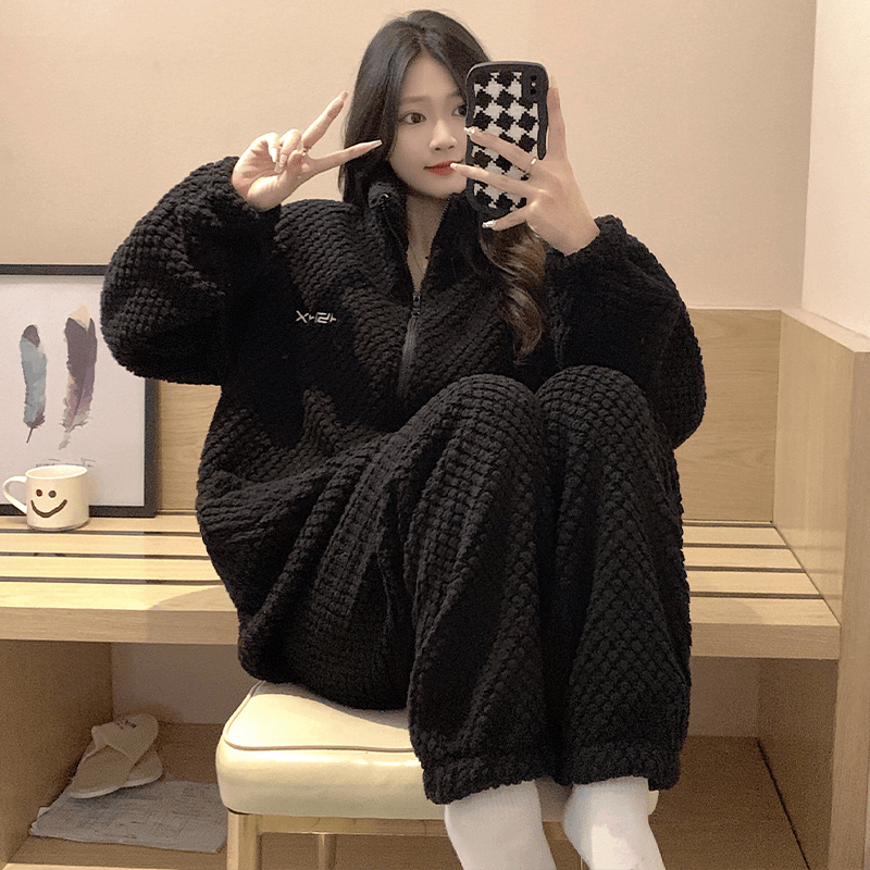 睡衣女秋冬季珊瑚绒长袖黑色春秋天加厚加绒法兰绒宽松家居服套装