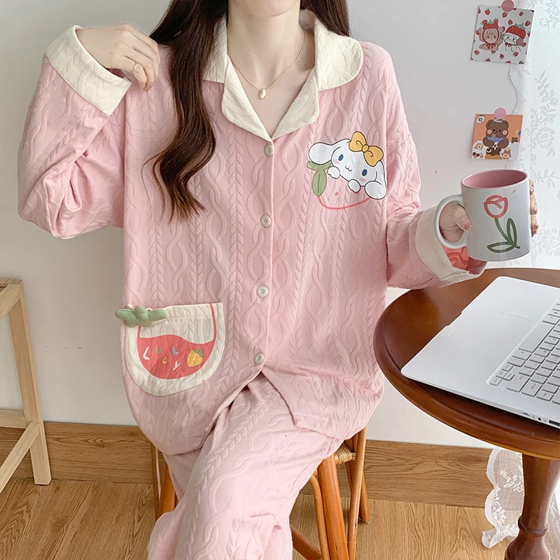 睡衣女春秋款长袖女士卡通可爱冬天开衫宽松网红风夏季家居服套装