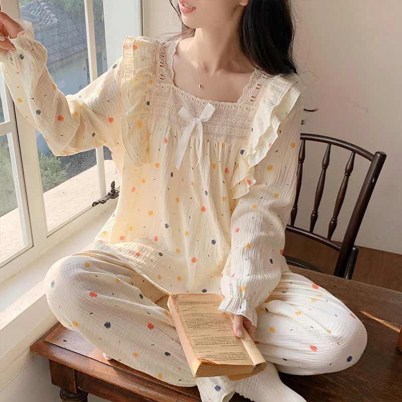 纯棉睡衣女春秋款宽松长袖长裤甜美网红夏天宫廷风冬季家居服套装