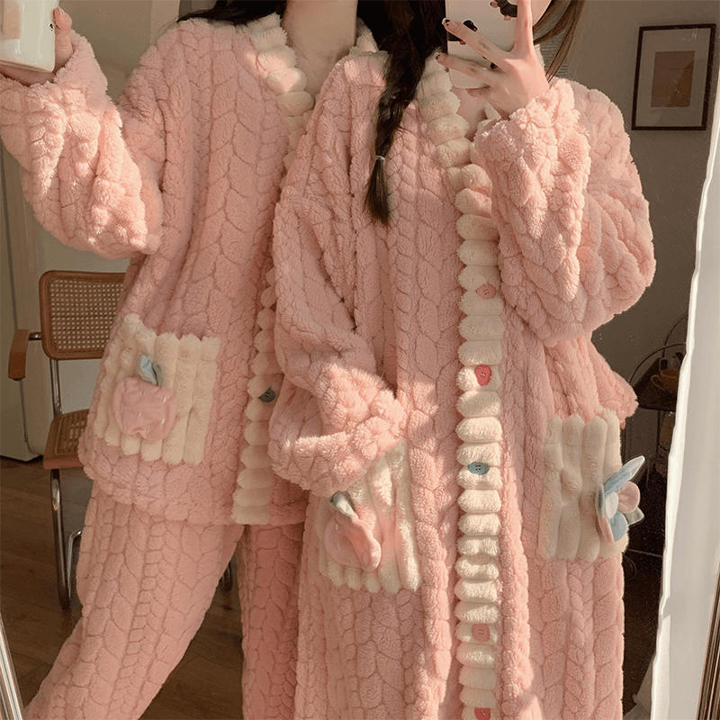 网红风睡衣女秋冬季珊瑚绒长袖保暖睡裙法兰绒加厚加绒家居服套装