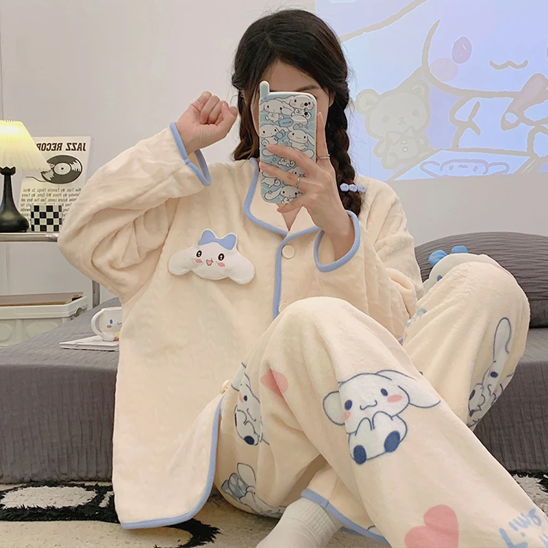 睡衣女春秋季长袖卡通可爱珊瑚绒冬天加厚加绒款法兰绒家居服套装