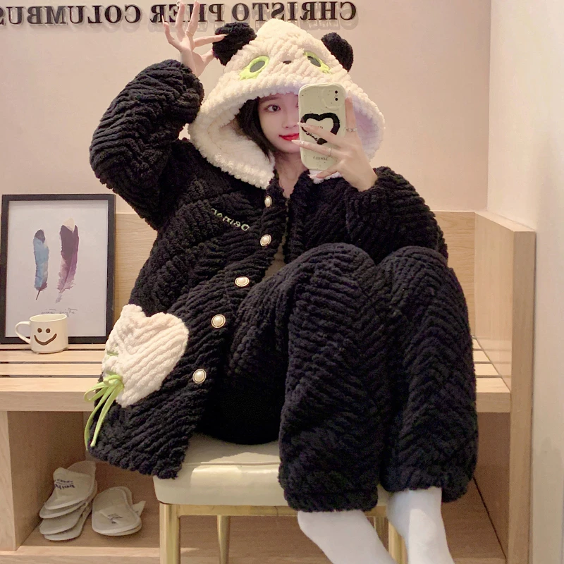 珊瑚绒睡衣女秋冬长袖加厚法兰绒三层夹棉连帽卡通保暖家居服套装